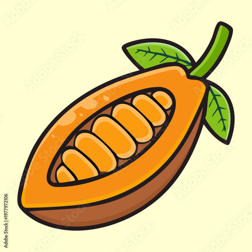 Cocoa pod for chocolate industry and healthy organic tropical fruit nutrition for exotic farm harvest theme art - Vector Illustration