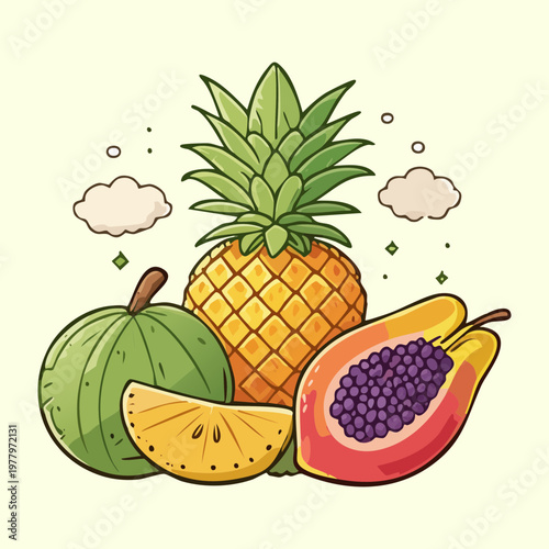 Pineapple avocado and pear for healthy organic fat and vitamin rich snack for tropical balanced diet lifestyle choices - Vector Illustration