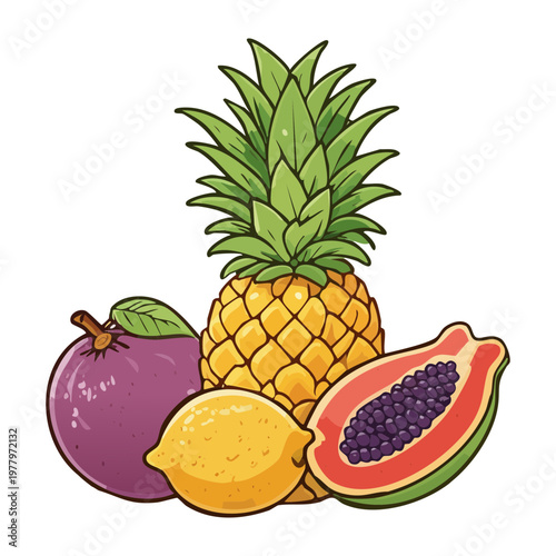Pineapple mango and passion fruit for tropical fruit blend and healthy organic juice ingredients for summer refreshing drinks - Vector Illustration