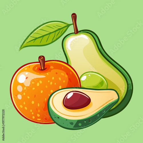 Fresh fruit collection in a blue bowl featuring pear apple and lime for healthy eating campaign - Vector Illustration