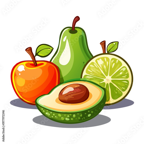 Bowl of assorted tropical fruits including apple pear lime and avocado for nutritious breakfast menu options - Vector Illustration