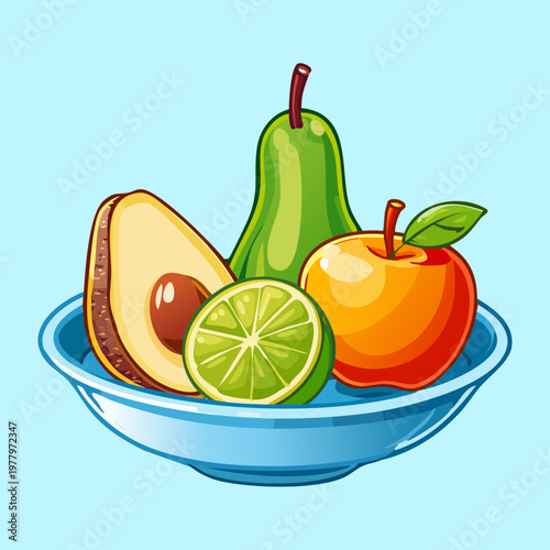 Nutritious fruit platter with avocado pear lime and apple for organic food market promotional material - Vector Illustration