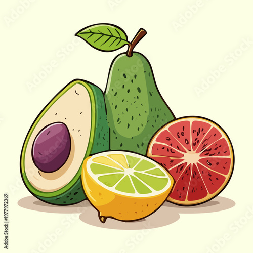 Fresh whole and sliced tropical fruits like pear apple and citrus for healthy snack blog content - Vector Illustration
