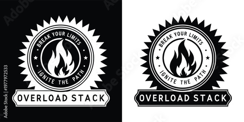 Dynamic monochrome logo featuring a central flame icon surrounded by motivational text 'Break Your Limits Ignite The Path' with 'Overload Stack' branding.