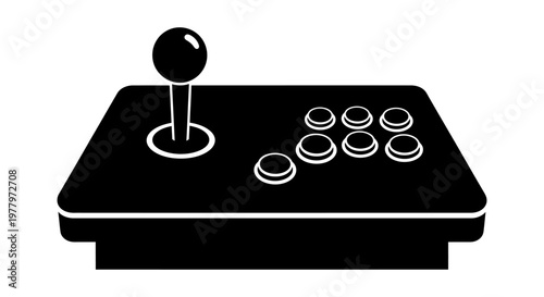 A black arcade joystick icon with buttons is shown on a white background.