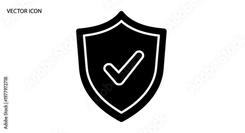 A solid black security icon featuring a shield with a checkmark is shown.
