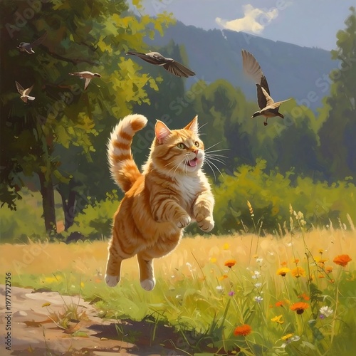 A playful orange cat jumping in a field with birds flying