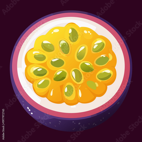 Vibrant passion fruit slice showing internal seeds for organic juice and smoothie shop branding - Vector Illustration