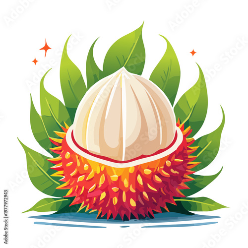 Tropical rambutan fruit opened showing succulent white pulp inside for exotic dessert and natural vitamin source in summer - Vector Illustration