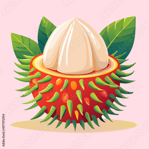 Red rambutan fruit with green spikes and white flesh for colorful tropical food design and healthy lifestyle branding - Vector Illustration