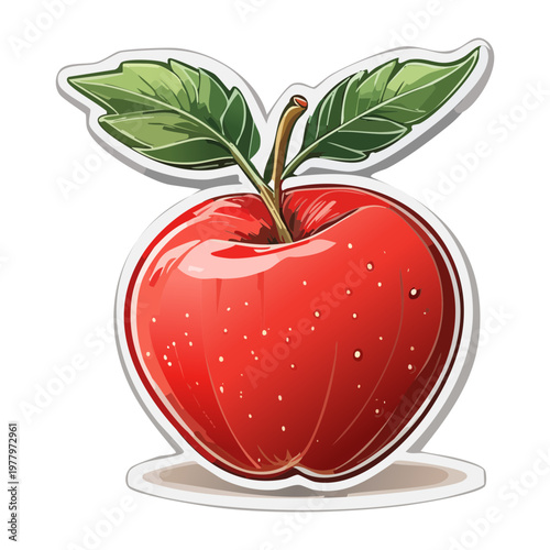 Shiny red apple with green leaf in sticker style for school snacks and healthy eating habits for children - Vector Illustration