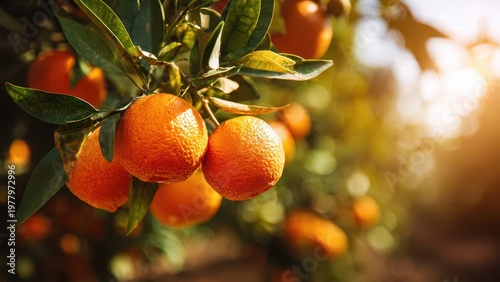 Close Up Of Ripe Oranges On A Tree Branch With Soft Sunlight