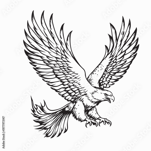 Majestic Bald Eagle Flying with Spread Wings Vector Illustration.