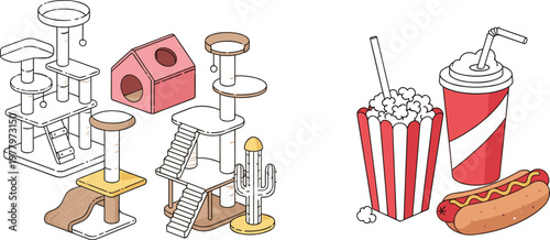 Cat playground furniture and fast food snack set vector illustration featuring pet activity towers, popcorn, soda drink, and hotdog isolated collection