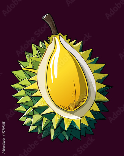 Durian fruit piece on dark square showing creamy yellow flesh for premium exotic tropical food branding - Vector Illustration
