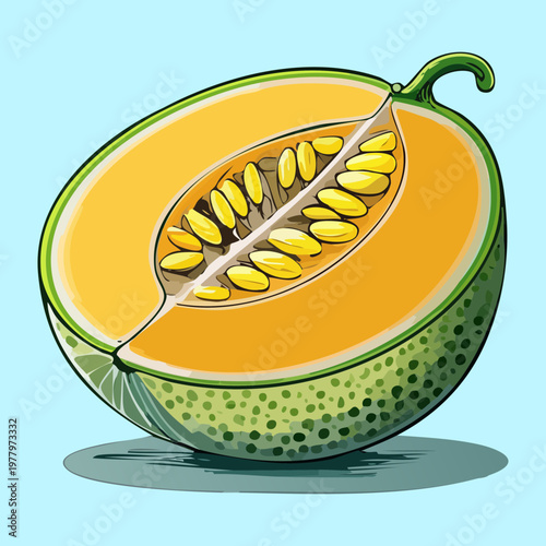 Sliced cantaloupe melon showing seeds and orange pulp for healthy summer dessert and organic food branding - Vector Illustration
