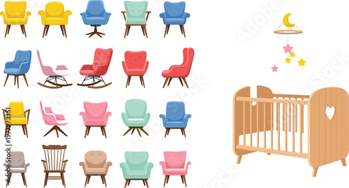 Modern chair collection and baby nursery furniture vector illustration set featuring colorful seating designs, wooden crib, and kids room decor elements isolated