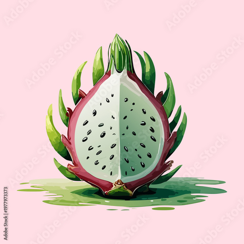 Dragon fruit half with white flesh for tropical smoothie bowl recipes and healthy organic food illustrations - Vector Illustration