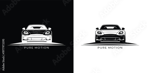 Dynamic front view illustration of a sleek sports car, symbolizing speed, luxury, and modern automotive design in a minimalist logo style.