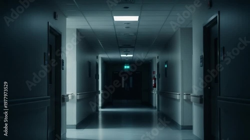 A long, dimly lit hospital corridor with doors on both sides, creating a mysterious and somewhat unsettling atmosphere.