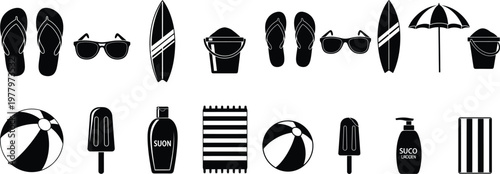 Minimalist Black and White Summer Beach Vacation Icon Set
