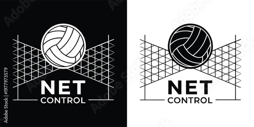 A stylized logo design for net control brand or company, featuring a volleyball hitting over a sports net with text below.