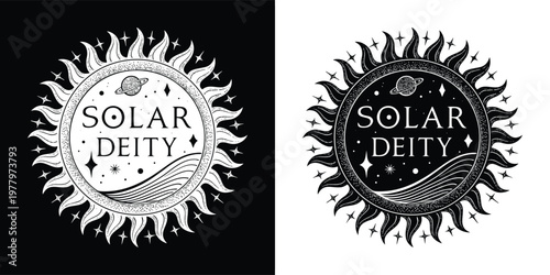 Ornate circular emblem featuring a radiant sun motif with celestial planet and wave details for mystical graphic design projects illustration