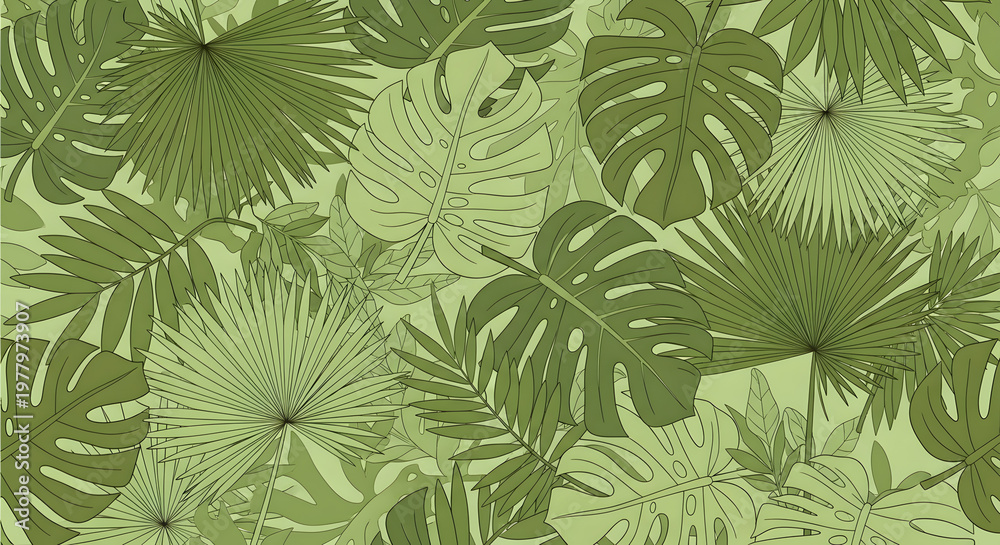Fototapeta premium A beautiful green leaf pattern with various tropical plant species illustrated