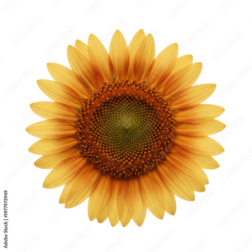 Fototapeta premium Single golden sunflower in full bloom with amber center and yellow petals centered on a transparent background, capturing a serene botanical portrait atmosphere