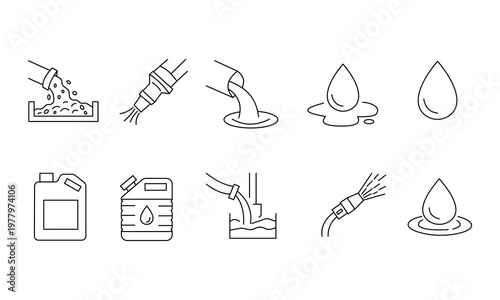 Liquid concrete pouring and chemical additive icons showing cement flow nozzle and industrial containers.Editable stroke, Vector illustration, Line art Icon, Symbols.	