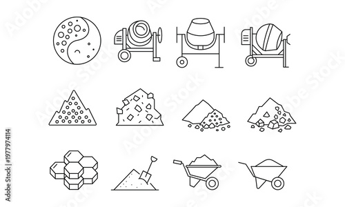 Concrete mixing equipment and construction materials icons with cement mixer wheelbarrow and sand piles.Editable stroke, Vector illustration, Line art Icon, Symbols.	
