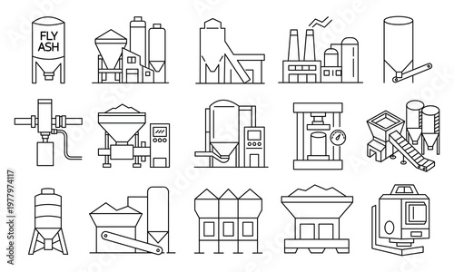 Industrial concrete plant and cement factory icons including fly ash silo storage and production machinery.Editable stroke, Vector illustration, Line art Icon, Symbols.	