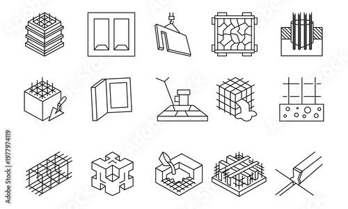 Concrete construction icons set featuring rebar reinforcement cement pouring foundation and building process.Editable stroke, Vector illustration, Line art Icon, Symbols.	