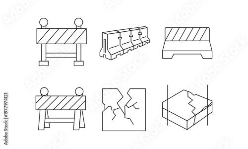 Traffic road barrier icons and cracked concrete slab showing construction safety and structural damage.Editable stroke, Vector illustration, Line art Icon, Symbols.	