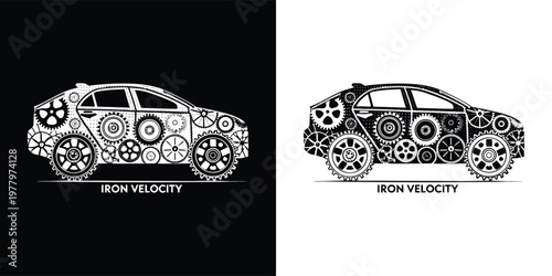 Artistic automotive design featuring a sleek car silhouette constructed from various industrial mechanical gears in sharp black and white contrast