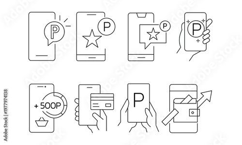 Mobile payment and loyalty reward points icons featuring smartphone wallet credit card and point earning.Editable stroke, Vector illustration, Line art Icon, Symbols.	