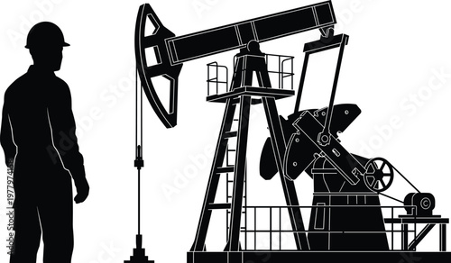 Industrial Silhouette of an Oil Pump Jack and Petroleum Engineer Worker for Energy Production Oil Field Extraction and Fossil Fuel Industry