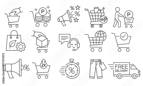 Ecommerce promotion and free delivery icons featuring shopping cart megaphone discount and customer support.Editable stroke, Vector illustration, Line art Icon, Symbols.	