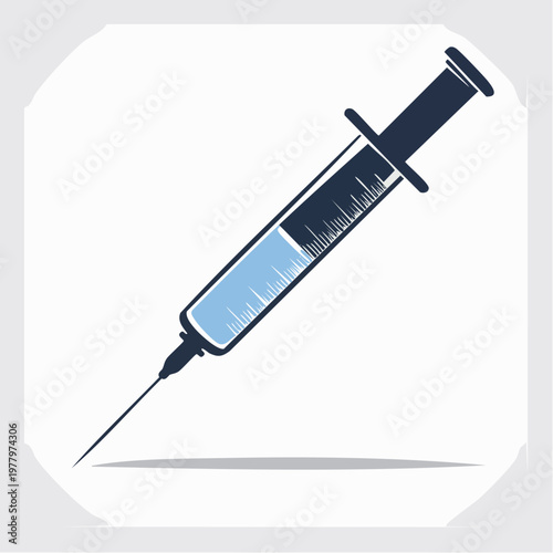 A clean vector illustration of a medical syringe with a sharp needle, containing blue fluid, symbolizing healthcare, vaccination, immunization, and therapeutic drug delivery applications
