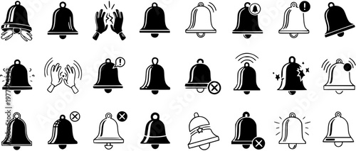 Comprehensive vector set of bell icons for notifications, alarms, and alerts. Includes ringing, silent, new message, disabled, and attention symbols in black and white styles.