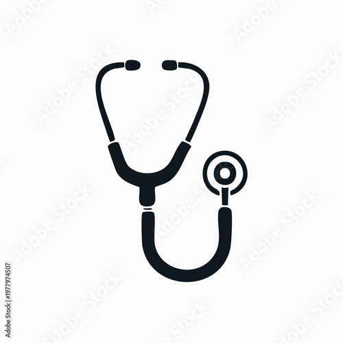A black and white illustration of a stethoscope, a medical tool used for listening to internal body sounds