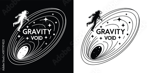Silhouette of a person floating near a swirling black hole shaped galaxy with stars in a minimalist flat design