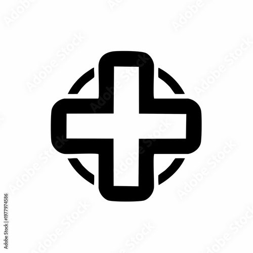 A black and white icon of a plus sign enclosed within a circle, symbolizing health, medicine, and care, perfect for medical and wellness branding