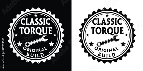 Classic torque original build emblem features a vintage wrench design perfect for automotive garage branding and custom vehicle repair shops