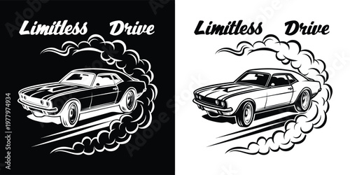 Classic muscle car drifting and performing stunts with thick swirling smoke clouds in a high contrast black and white style