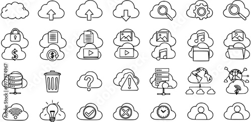 Cloud Computing Line Icons Set: Data Storage, Networking, Security, Upload, Download, and Web Services Technology Symbols Collection