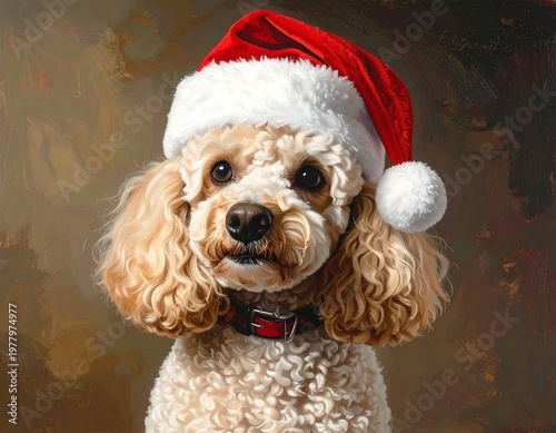 A poodle wearing a Santa hat against a mottled brown background