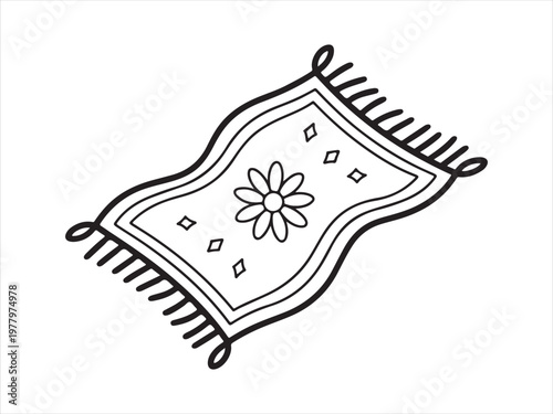 Outline of a prayer mat with geometric border, muslim religion vector illustration.  Islamic rug design