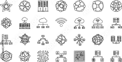 Networking and Data Technology Outline Icons Set: Cloud Computing, Servers, Databases, Connections, Wi-Fi, and Abstract Network Structures