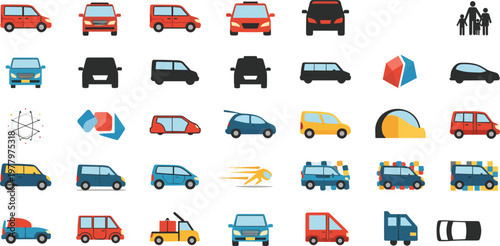 Car and Vehicle Vector Icon Set with Transport Transportations and City Cars Isolated on White Background